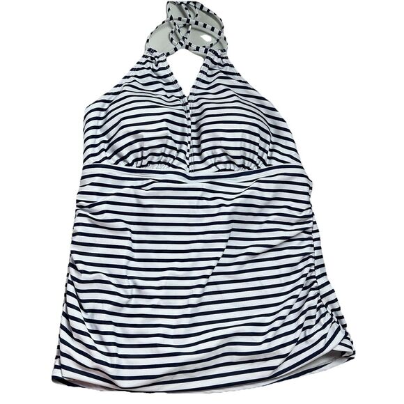 Yonique Open Back Halter Tankini Top Swimsuit Blue White Stripe XL Ruched - Picture 4 of 11